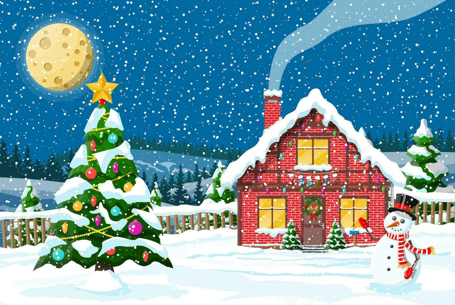 Vorort- Haus bedeckt Schnee. Gebäude im Urlaub Ornament. Weihnachten Landschaft Baum, Schneemann. Neu Jahr Dekoration. fröhlich Weihnachten Urlaub Weihnachten Feier. Vektor Illustration