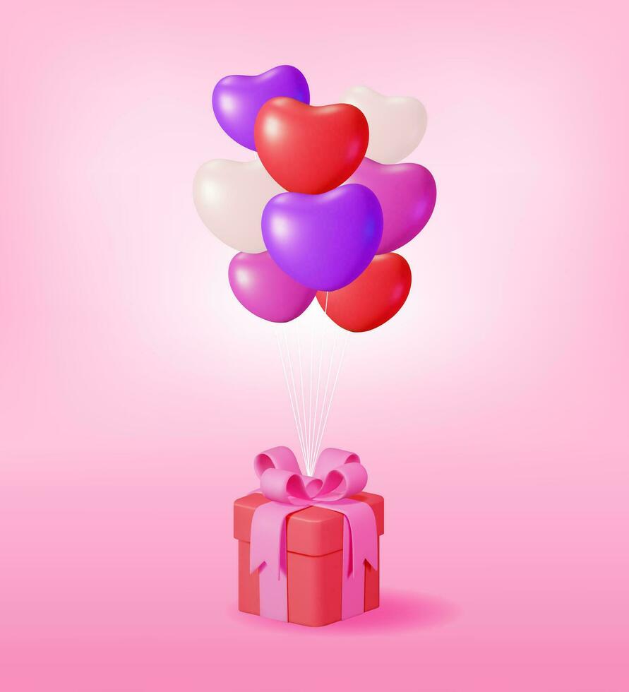 3d gåva låda med hjärta ballonger på rosa bakgrund. framställa presentlåda ikon. valentine dag, födelsedag kort, produkt visa presentation annons. realistisk vektor illustration