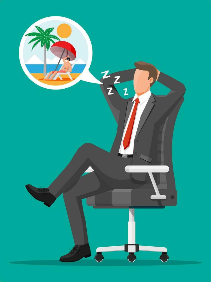 Geschäft Mann Charakter träumend Über Urlaub. müde Geschäftsmann oder Büro Arbeiter Schlafen auf Arbeitsplatz. Stress beim arbeiten. Bürokratie, Papierkram, Termin. Vektor Illustration im eben Stil