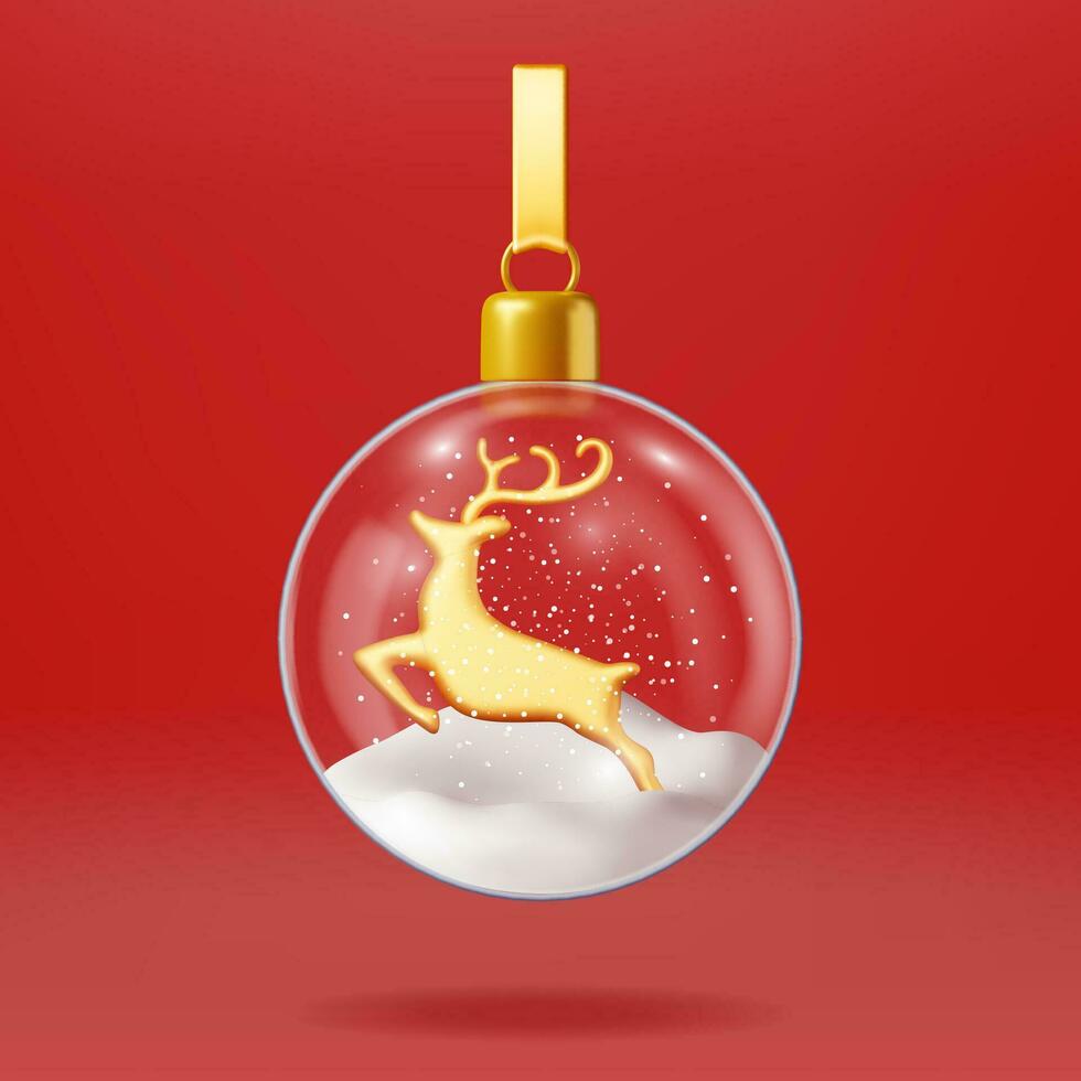 3d jul glas boll struntsak med snö rådjur isolerat. framställa sfär glas leksak med ren. ny år dekoration. glad jul Semester. xmas firande. realistisk vektor illustration