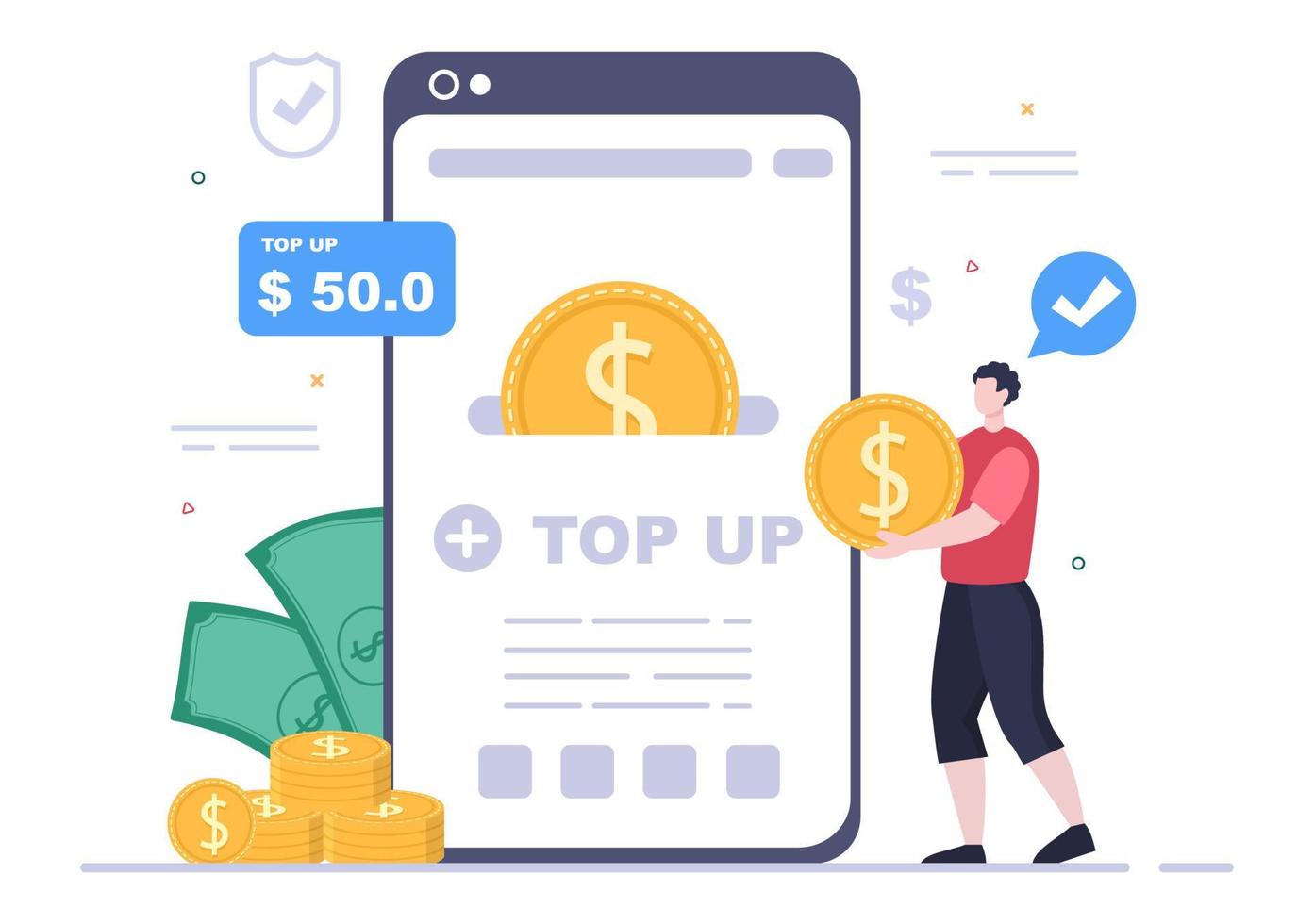 ladda upp lägg till ditt pengarbalans vektorillustration på mobiltelefonenhet för finansiell applikation, e-plånbok eller digital valutakoncept vektor