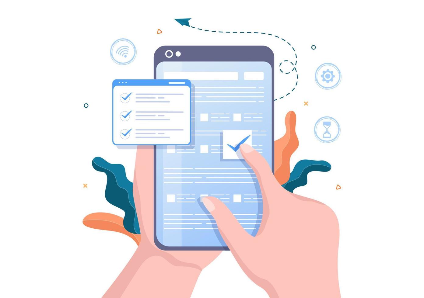 online test bakgrund vektor illustration med checklista, ta examen, välja svar, formulär, e-learning och utbildning koncept