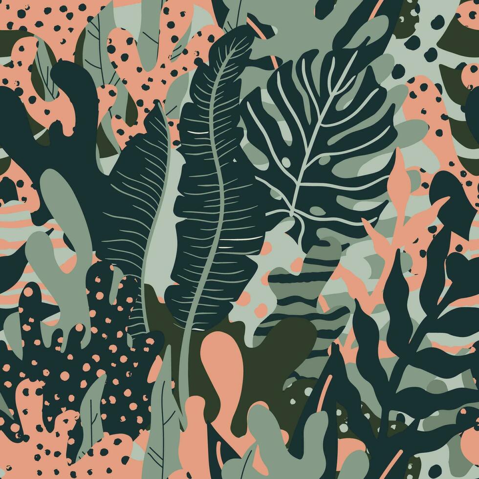 modern sömlös mönster med tropisk löv och abstrakt geometrisk former. vektor