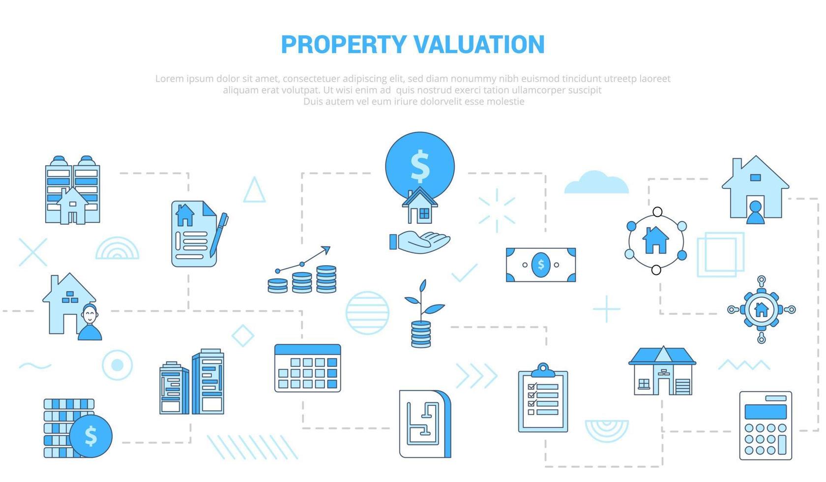 Immobilienbewertungskonzept mit Icon-Set-Vorlagenbanner vektor