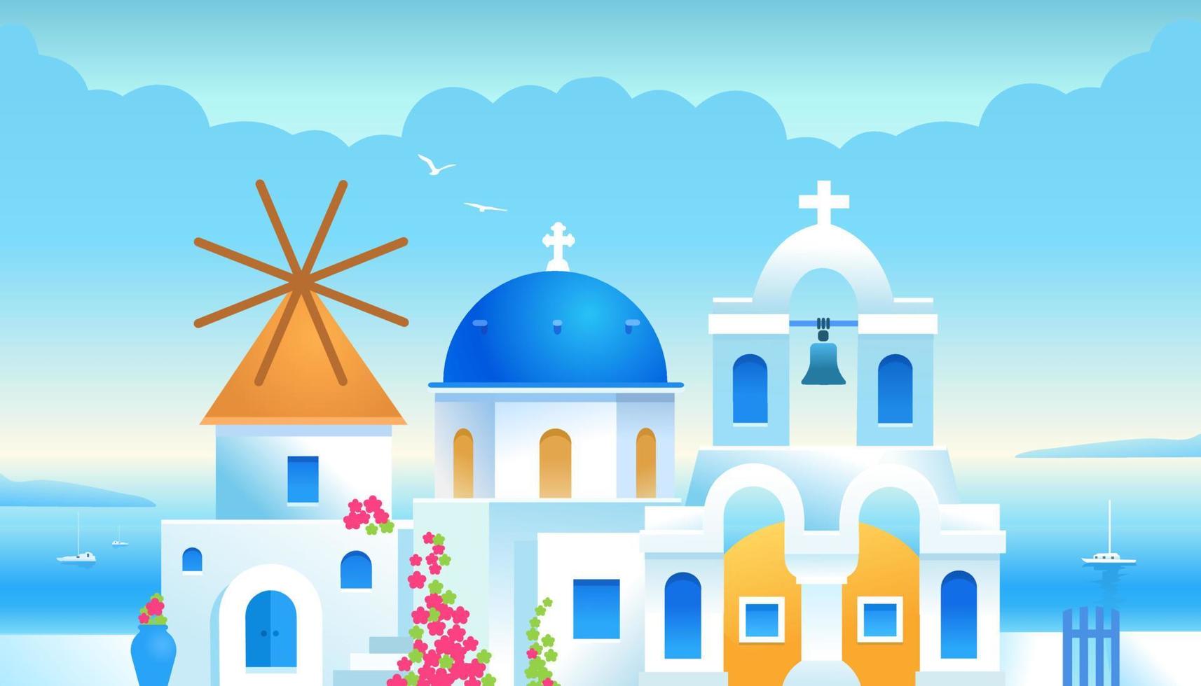 Santorin. Griechenland. Gebäude der griechischen Architektur mit der Ägäis. traditionelle griechische weiße Häuser mit blauen Dächern und eine Mühle mit Blumen und Grün vektor