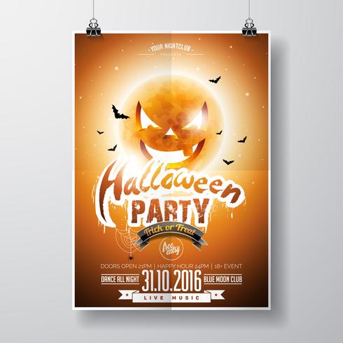 Vektor-Halloween-Party-Flyer-Design mit typografischen Elementen und Kürbismond vektor