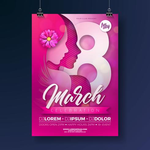 Women&#39;s Day Party Flyer illustration med ung kvinna silhuett och blommor vektor