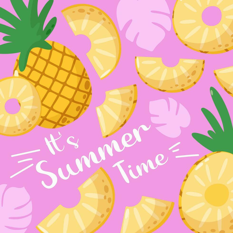 abstrakt Spaß Ananas Hintergrund mit Text es ist Sommer- Zeit. Süss saftig tropisch Frucht. Sommer- Vitamin Vektor Platz Illustration zum Banner, Poster, Flyer, Banner, Sozial Medien, Post