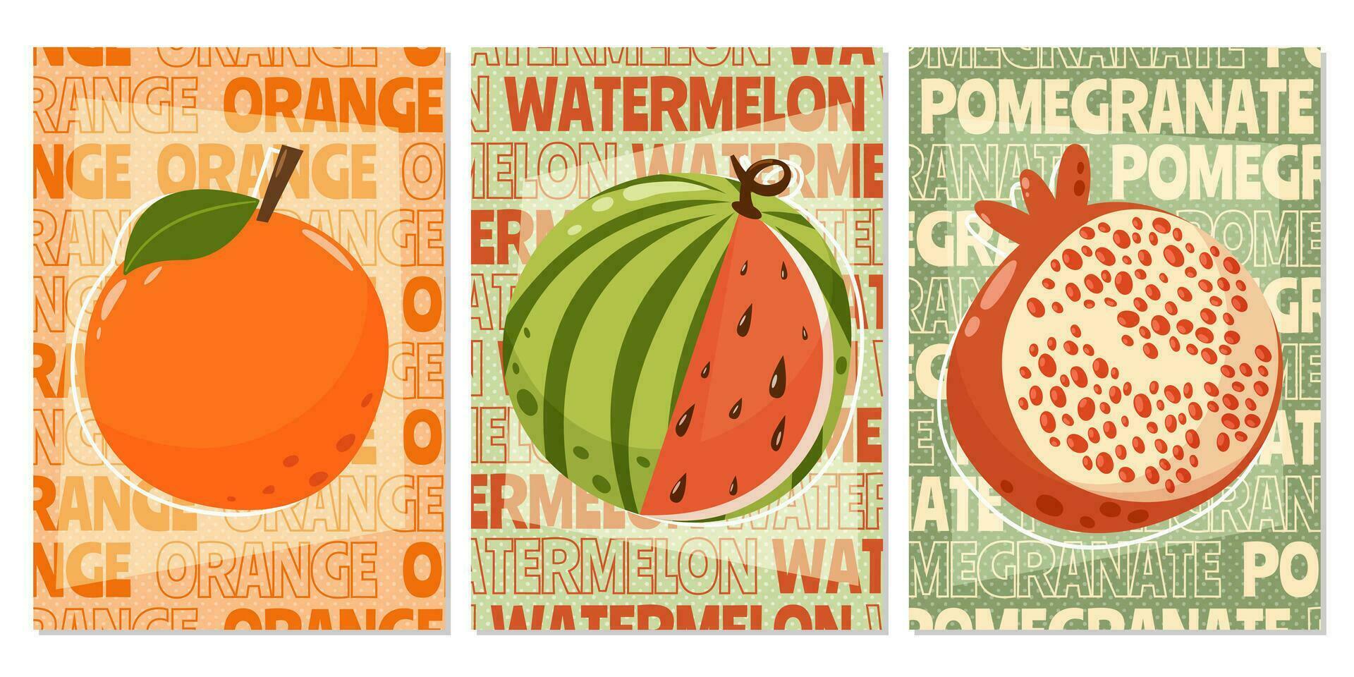 einstellen von abstrakt modern Obst Plakate. orange, Wassermelone, Granatapfel. Sommer- Vitamin Vektor Illustration zum Banner, Flyer, Speisekarte, Obst Geschäft, Sozial Medien