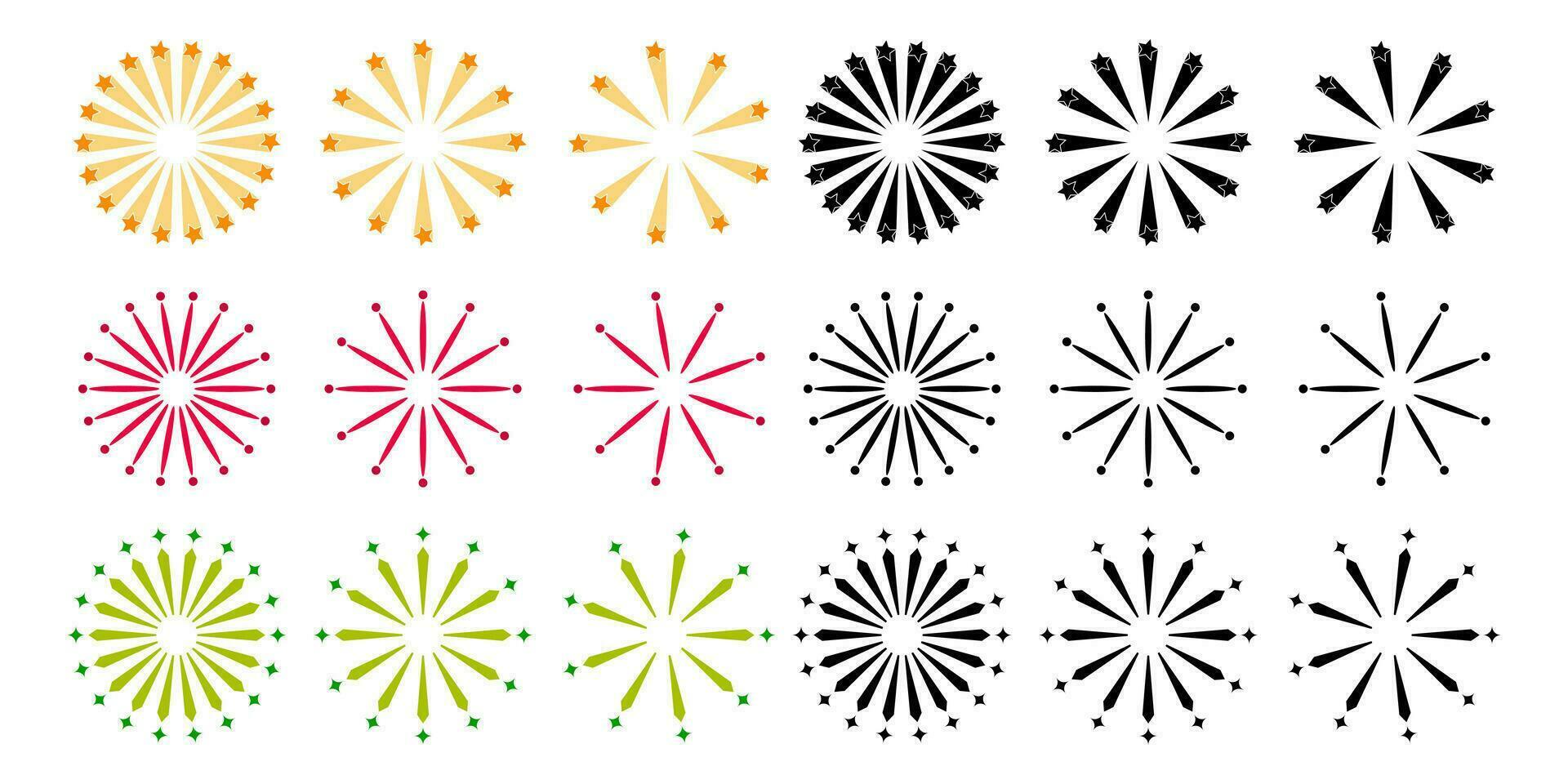 samling av färgad fyrverkeri ikoner. cirkulär form med stjärna ikon. vektor isolerat på vit bakgrund. prydnad design för evenemang, firande, festivaler.