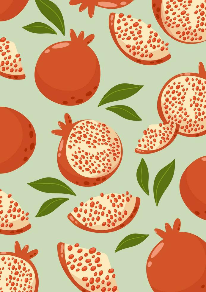 granatäpple bakgrund med hela och skivor frukter. sommar vitamin vektor illustration för baner, affisch, flygblad, kort, anteckningsbok. a4 formatera.