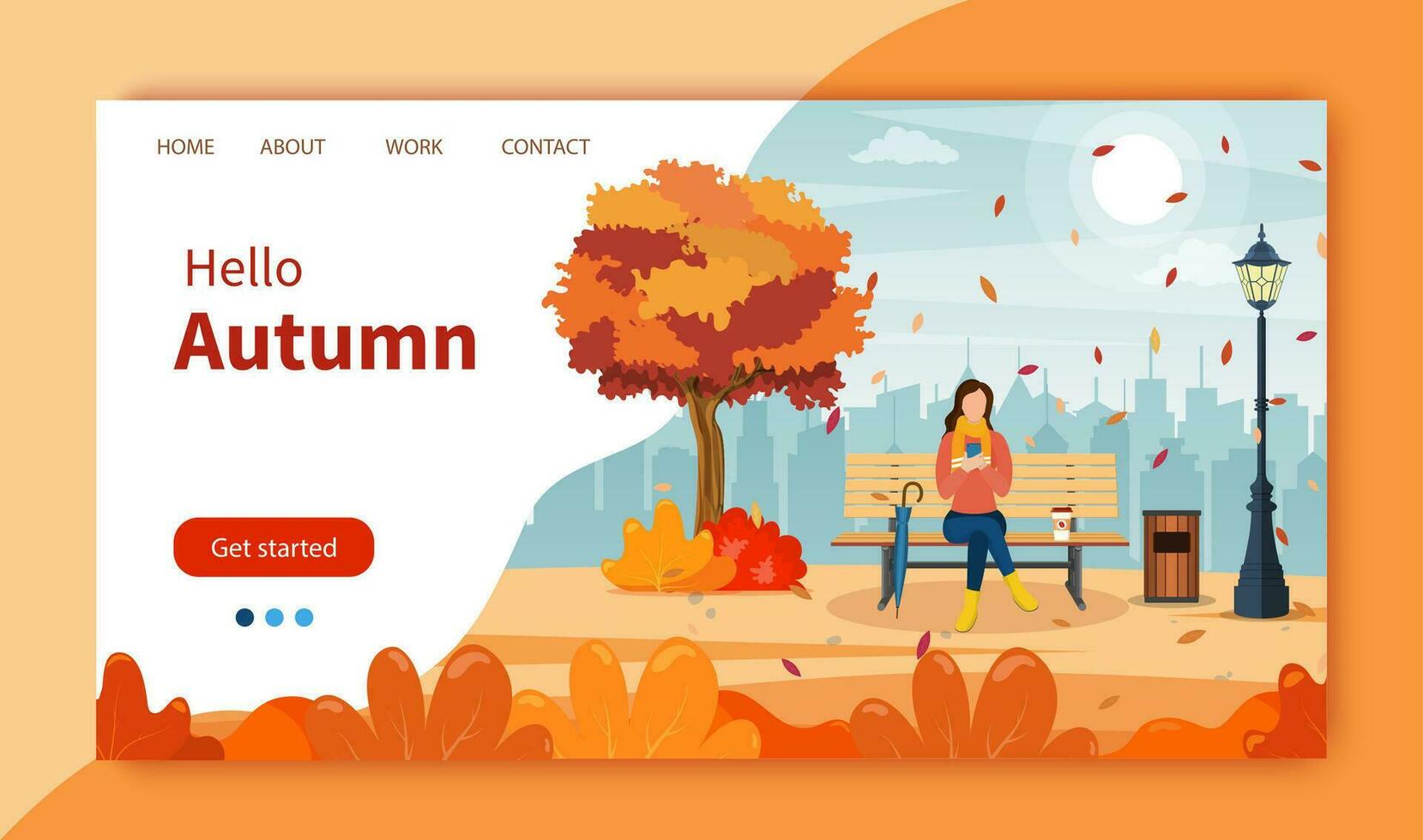 Herbst Stadt Park mit Bank. Frau mit Telefon Sitzung auf das Bank im Papier. freiberuflich oder studieren Konzept. online Bildung. Webseite Landung Seite Vorlage. Vektor Illustration im eben Stil