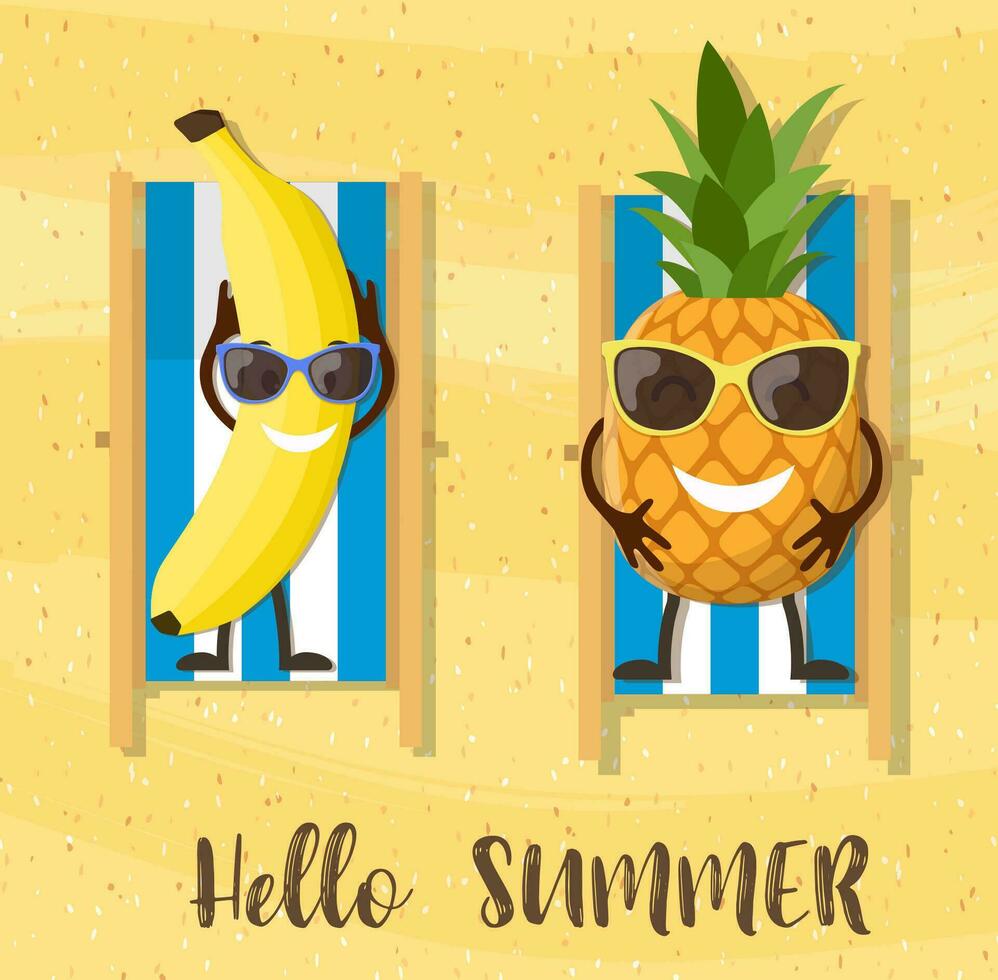 banan och ananas tecknad serie karaktär på strand. Semester bakgrund med banan och inskrift Hej sommar. vektor illustration i platt stil