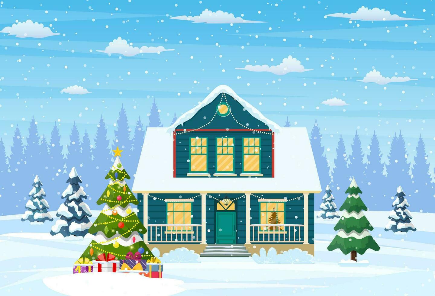 Vorort- Haus bedeckt Schnee. Gebäude im Urlaub Ornament. Weihnachten Landschaft Baum. Neu Jahr Dekoration. fröhlich Weihnachten Urlaub Weihnachten Feier. Vektor Illustration eben Stil