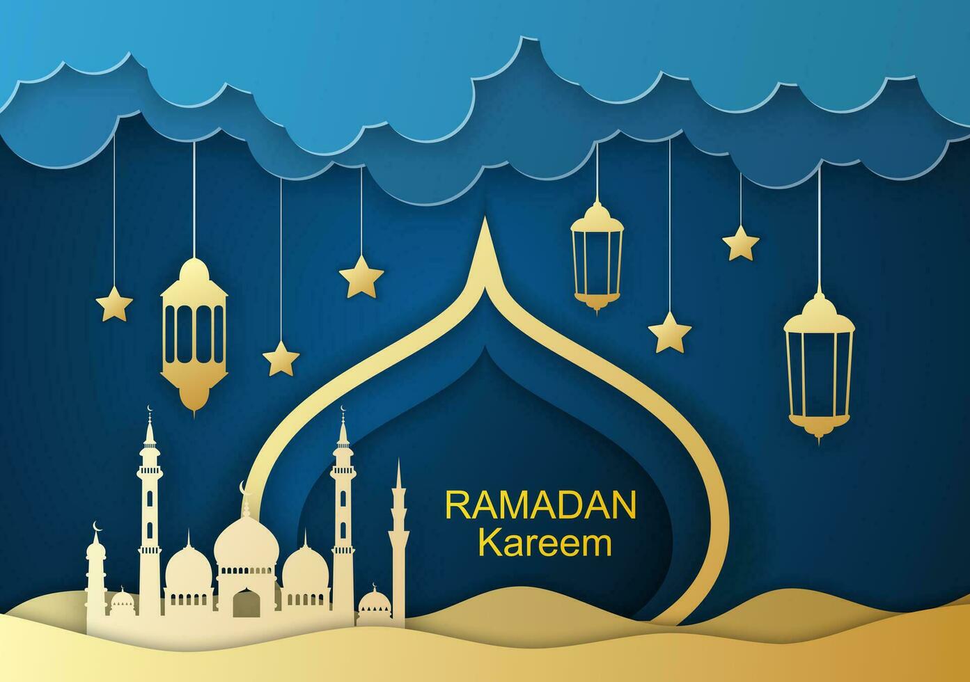 Ramadan kareem Gruß Karte, Design mit 3d Papier Schnitt Symbole von Ramadan Mubarak, hängend Gold Laternen, Arabisch Lampen, Stern, Papier Kunst Vektor und Illustration