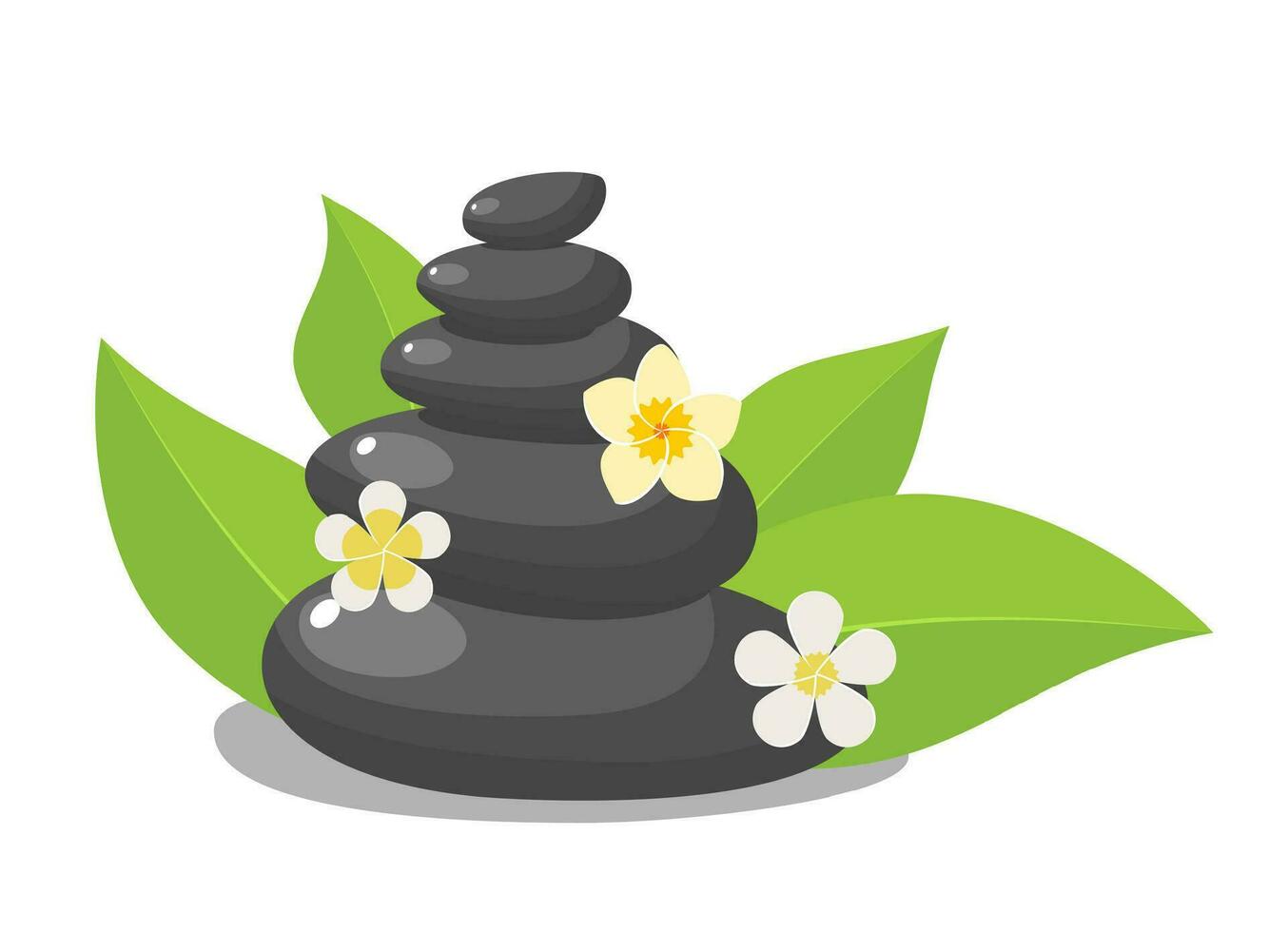 stack svart varm stenar med löv och blomma, spa salong tillbehör. stack basalt stenar för varm sten massage i spa salong. vektor illustration i platt stil