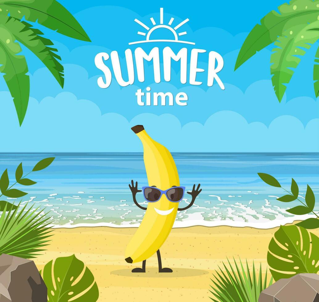 komisch Sommer- Banner mit Obst Figuren. tropisch Strand. Sommer- Landschaft. Karikatur Banane Zeichen tropisch Strand. Vektor Illustration im eben Stil