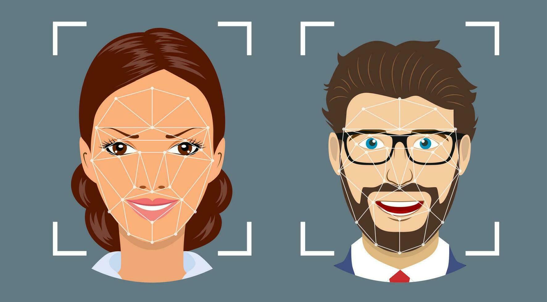 Gesicht Anerkennung - - biometrisch Sicherheit System. Konzept zum Netz und Handy, Mobiltelefon sichern Technologie, Gesichts- Identifikation. Mann und Frau Benutzerbild. Vektor Illustration im eben Stil