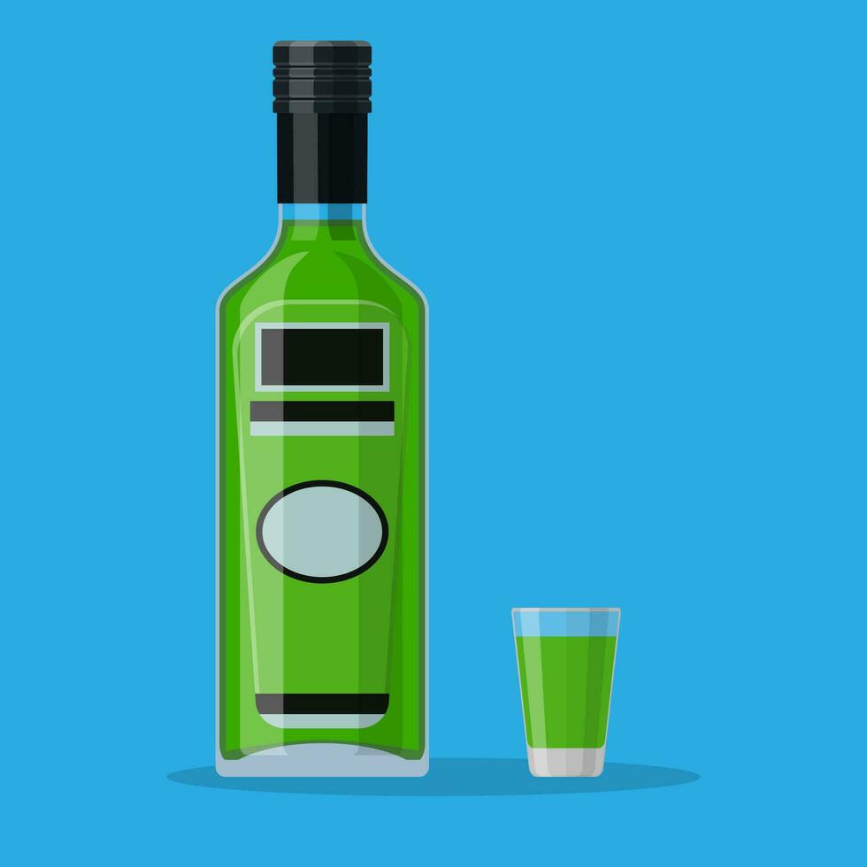 Flasche von Absinth mit Schuss Glas. Absinth Alkohol trinken. Vektor Illustration im eben Stil