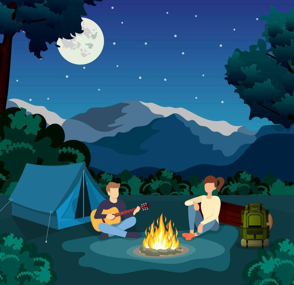 Gruppe von jung Menschen sind Sitzung um Lagerfeuer. jung Touristen, Camper Karikatur Figuren. Mann spielen Gitarre. Vektor Illustration im eben Stil