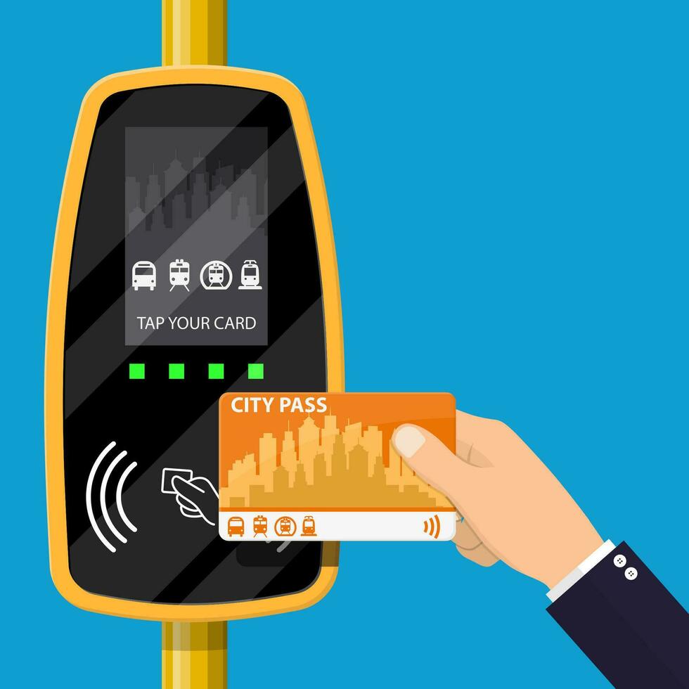 terminal och passagerare transport kort i hand. flygplats, metro, buss, tunnelbana biljett terminal validator. trådlös, kontaktlös eller kontantlös betalningar, rfid nfc. vektor illustration i platt stil