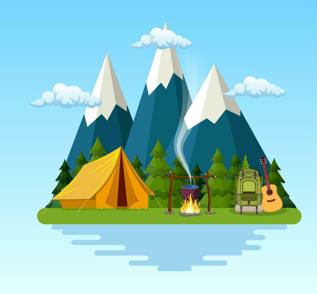 Zelt, Lagerfeuer, Berge, Wald und Wasser. Hintergrund zum Sommer- Lager, Natur Tourismus, Camping oder Wandern Design Konzept. Vektor Illustration im eben Stil