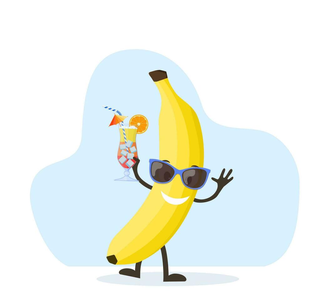 komisch Banane Charakter mit Mensch Gesicht und Cocktail Glas haben Spaß beim Party. bunt Sommer- Design. Vektor Illustration im eben Stil