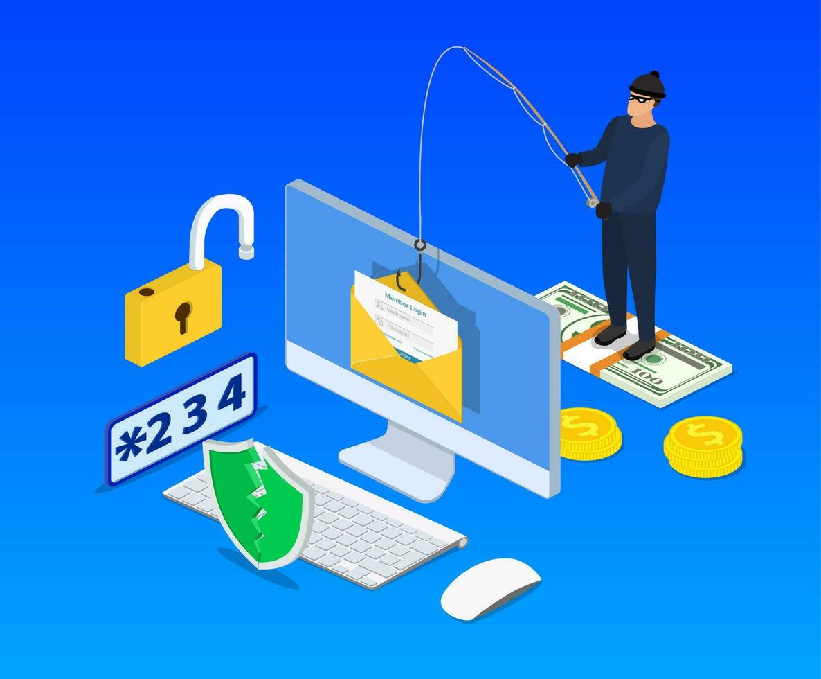 isometrisch Anmeldung in Konto im Email Briefumschlag und Angeln Haken. Internet Phishing, gehackt Anmeldung und Passwort. Netzwerk und Internet Sicherheit. Anti Virus, Spyware, Vektor Illustration im eben Stil