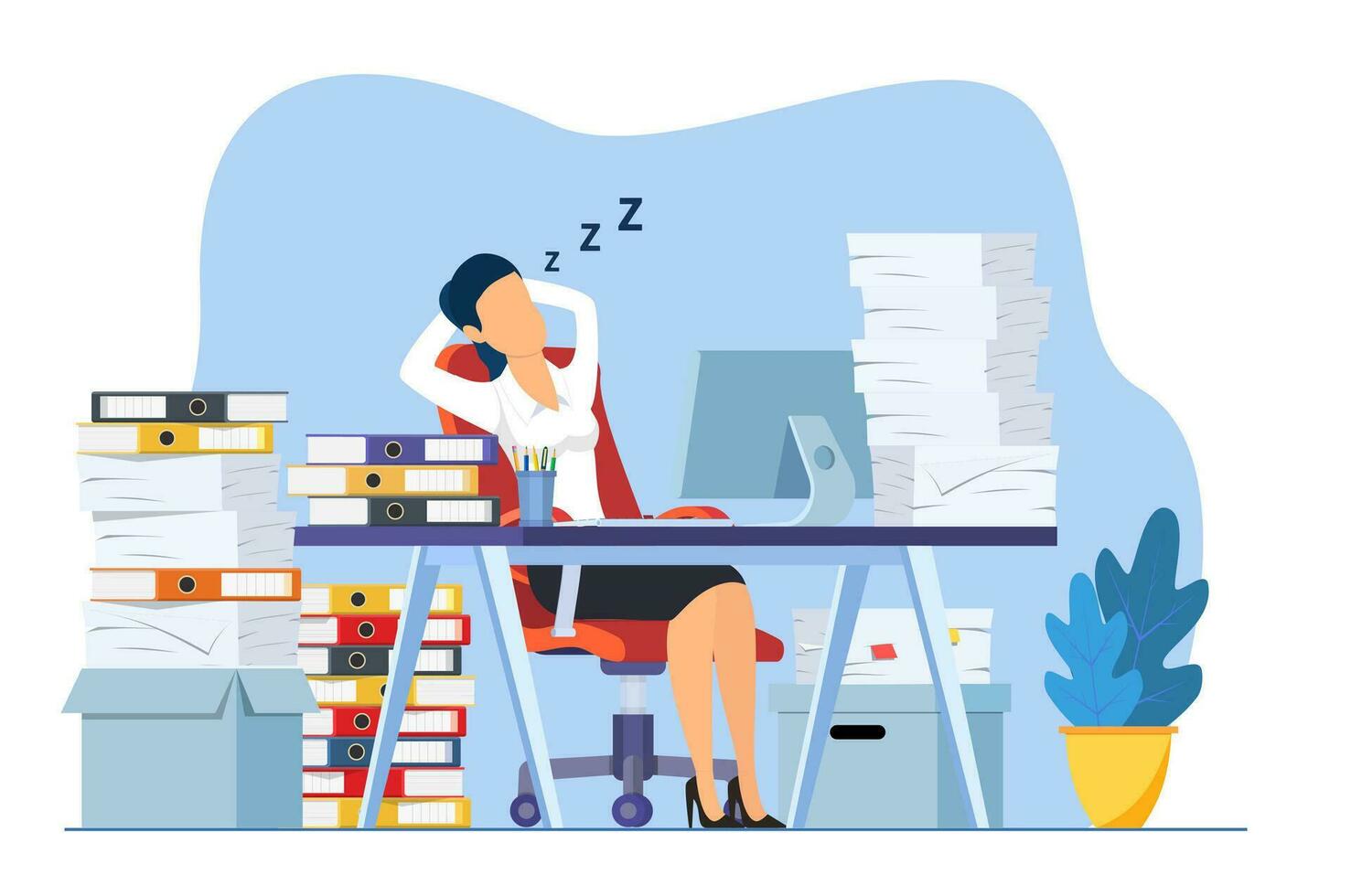 affärskvinna är sovande på hans arbetsplats skrivbord under arbetssätt timmar med de pålar av papper dokumentera runt om. förhalar och slöseri tid begrepp. vektor illustration i platt stil
