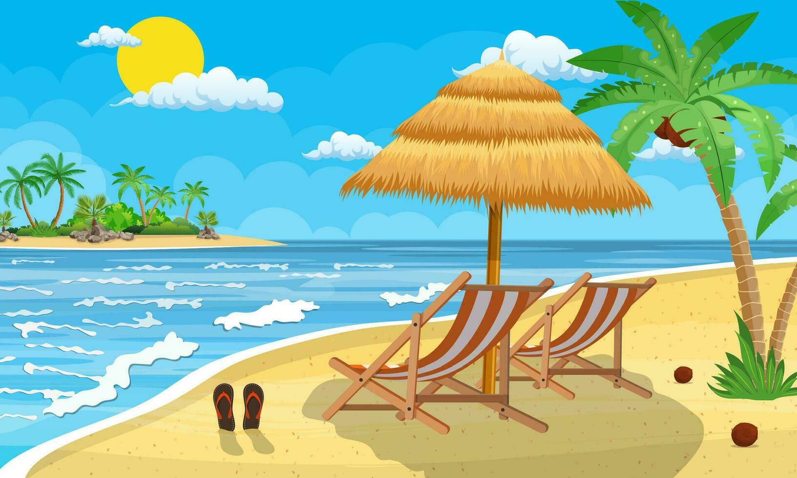 Landschaft von hölzern Chaise Salon, Palme Baum auf Strand. Regenschirm. Tag im tropisch Ort. Vektor Illustration im eben Stil