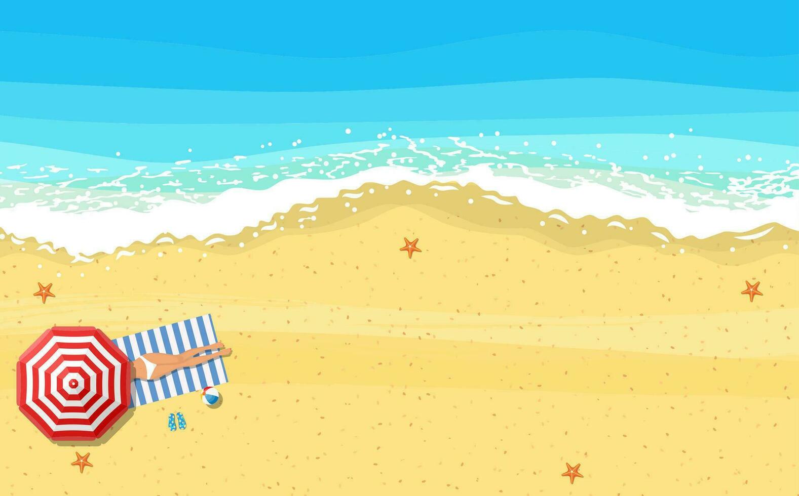 Frauen Lügen auf Strand und Sonnenbaden mit Sommer- Zubehör und Meer Surfen in der Nähe von Sie vektor