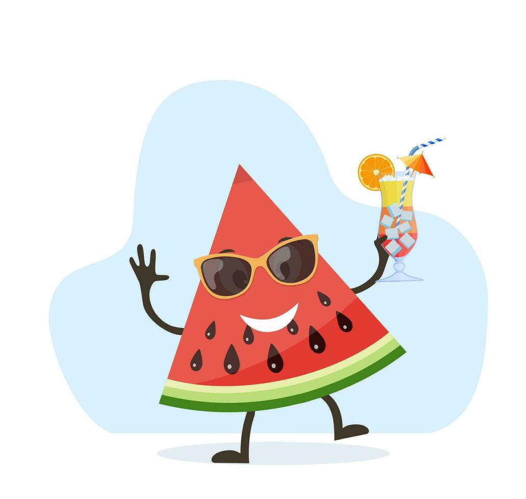 komisch Wassermelone Charakter mit Mensch Gesicht und Cocktail Glas haben Spaß beim Party. bunt Sommer- Design. Vektor Illustration im eben Stil