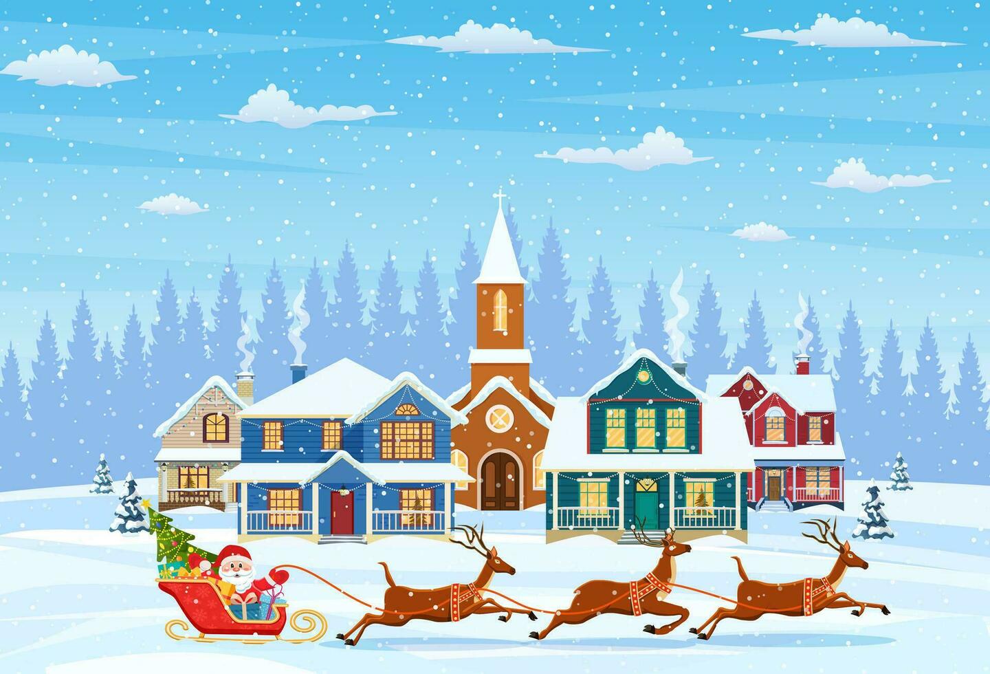 ein Haus im ein schneebedeckt Weihnachten Landschaft. Santa claus auf ein Schlitten. Konzept zum Gruß oder Post- Karte. fröhlich Weihnachten Urlaub. Neu Jahr und Weihnachten Feier vektor