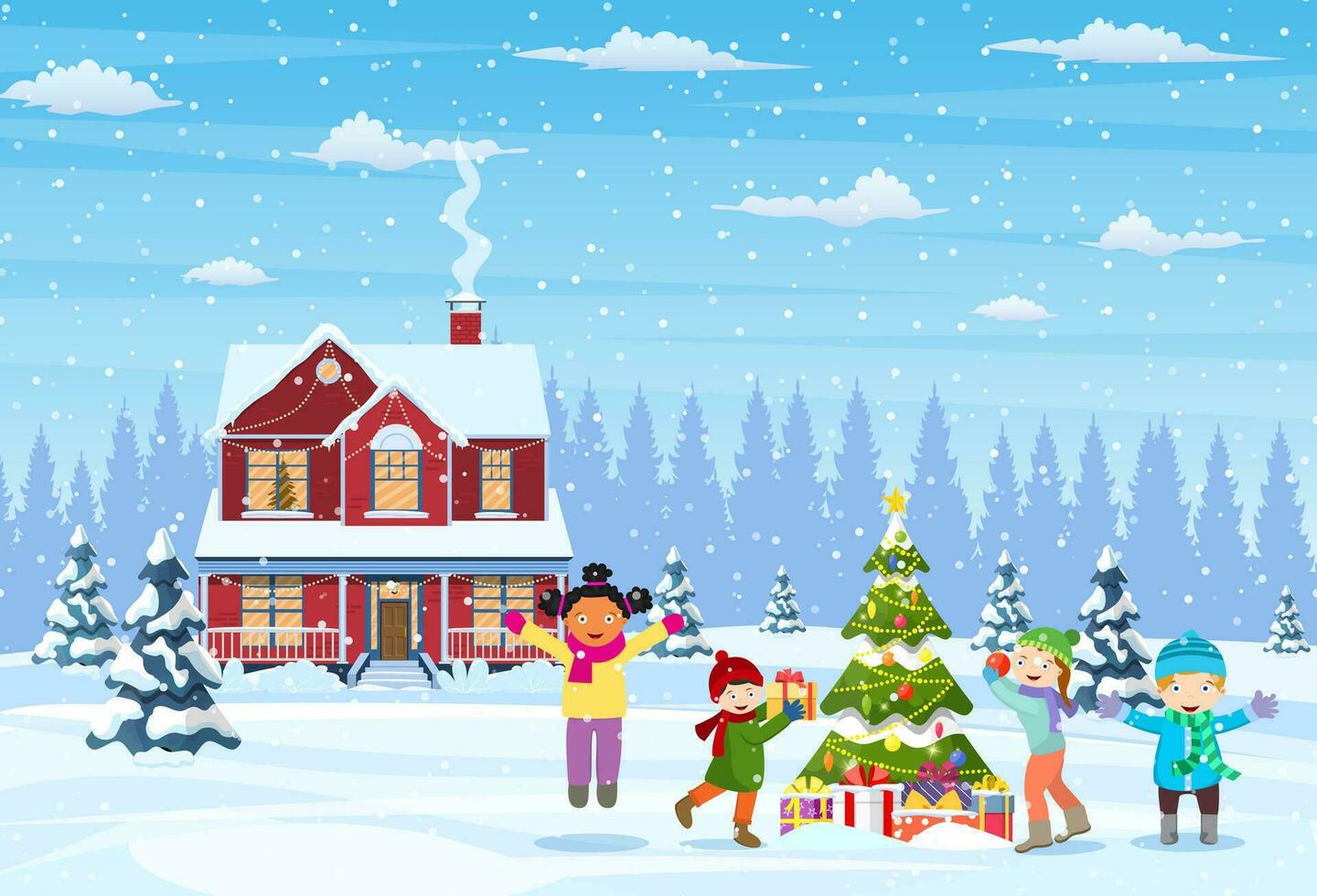 glücklich Neu Jahr und fröhlich Weihnachten Gruß Karte. Weihnachten Landschaft. Kinder dekorieren ein Weihnachten Baum. Winter Feiertage. Vektor Illustration im eben Stil