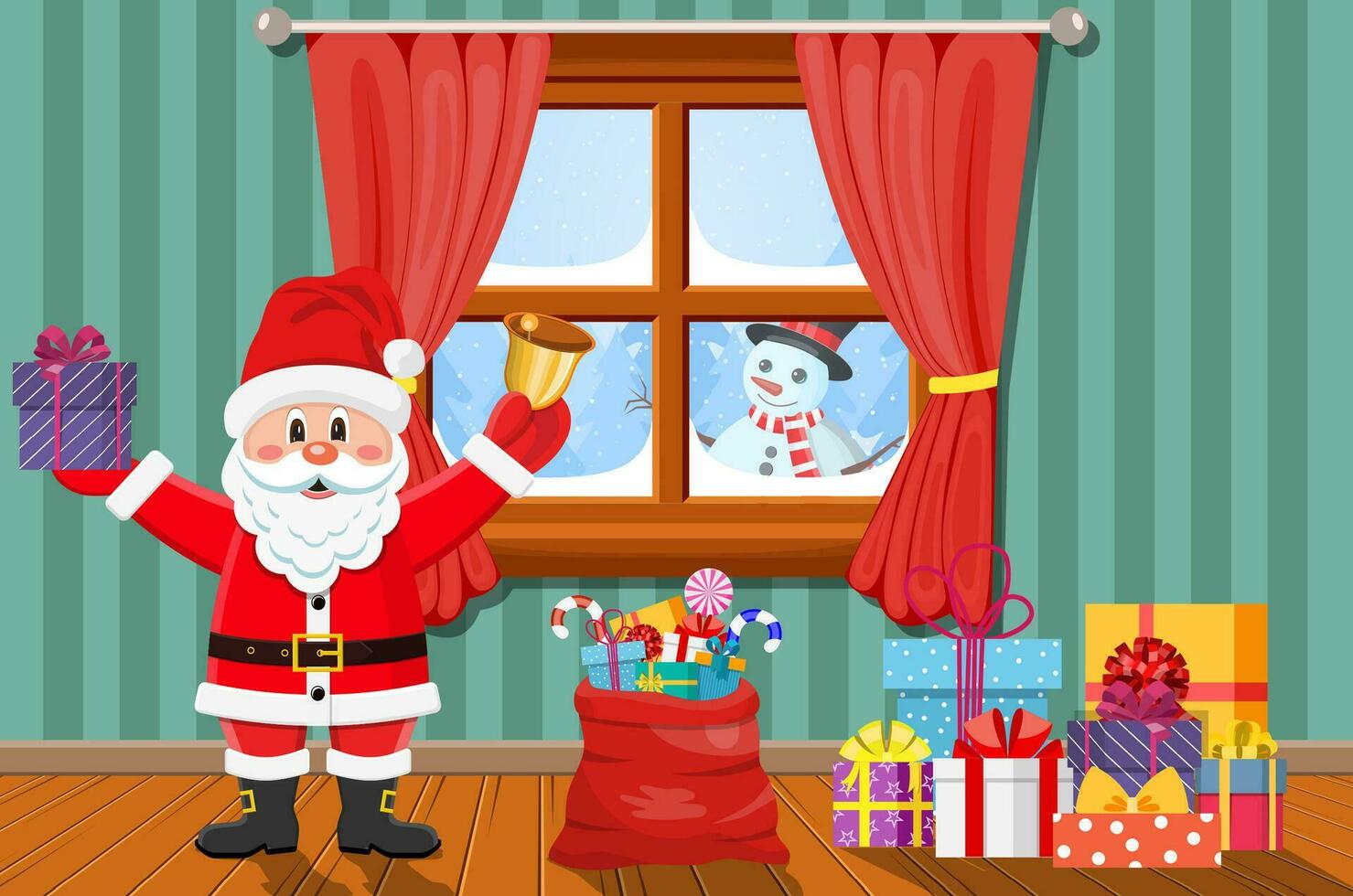 Santa im Zimmer mit Weihnachten Baum und Geschenke. vektor