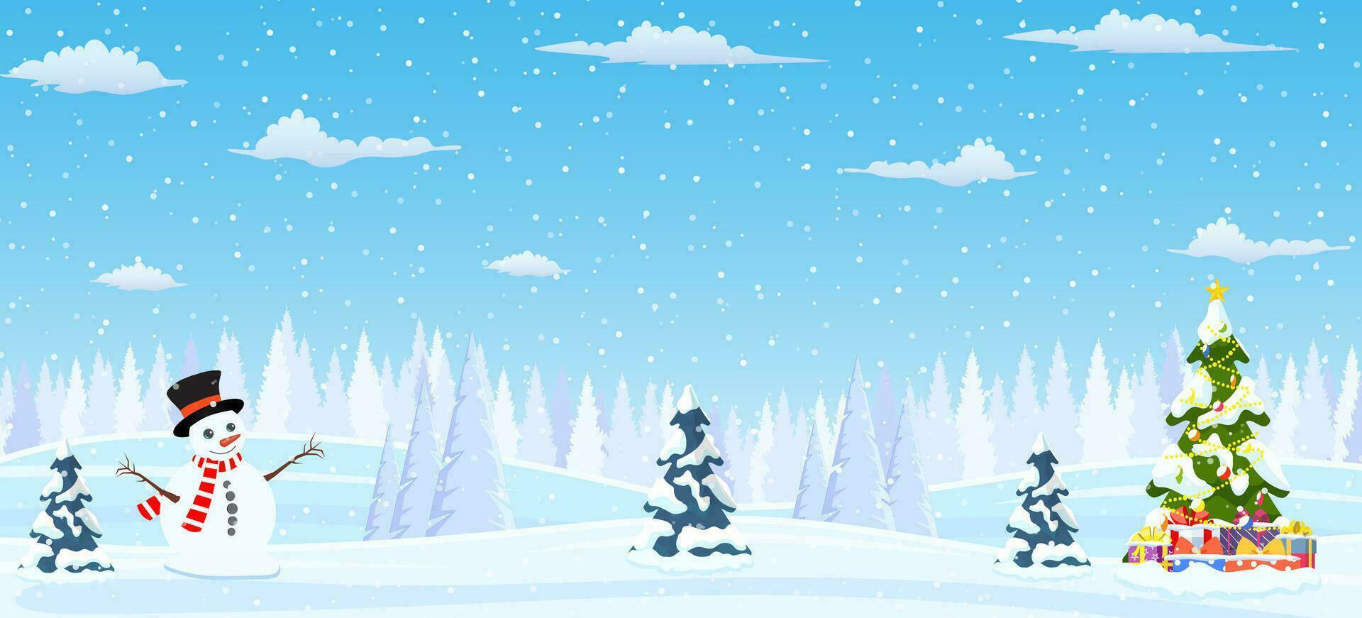 jul landskap bakgrund med jul träd med gifbox och snögubbe. glad jul Semester. ny år och xmas firande. vektor illustration i platt stil