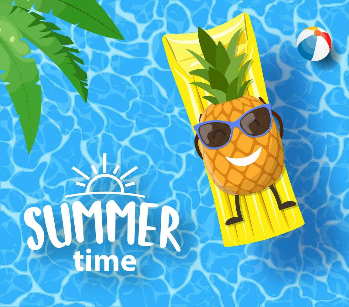 ananas karaktär liggande på madrass, över vatten. Semester bakgrund med ananas och inskrift sommar tid. sommar semester, lycka, resa, topp se. vektor illustration i platt stil