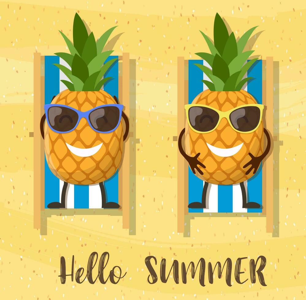 ananas tecknad serie karaktär på strand. Semester bakgrund med ananas och inskrift Hej sommar. vektor illustration i platt stil