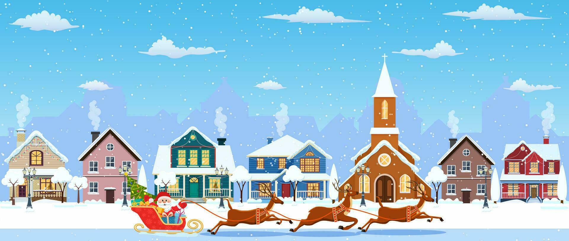 Lycklig ny år och glad jul vinter- gammal stad gata. jul stad stad sömlös gräns panorama. santa claus med hjortar. vektor illustration i platt stil.