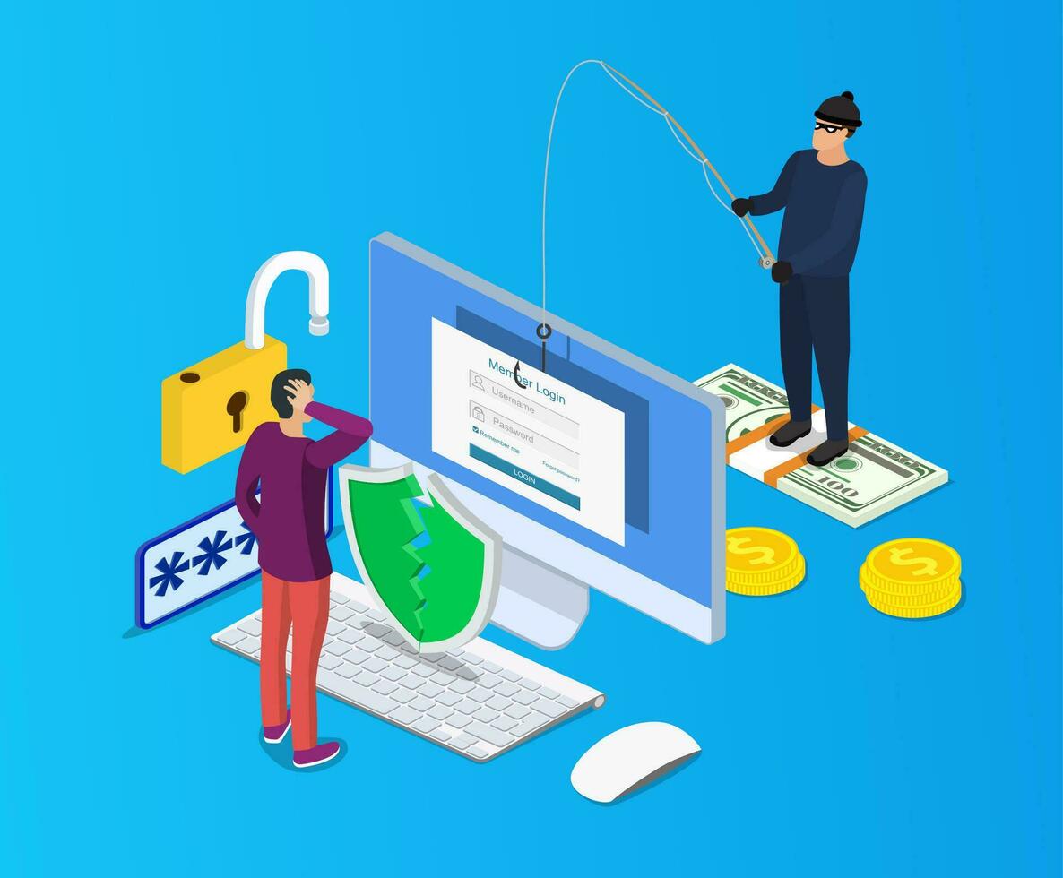 isometrisch Anmeldung in Konto und Angeln Haken. Internet Phishing, gehackt Anmeldung und Passwort.Computer Internet Sicherheit Konzept. Anti Virus, Spyware, Malware. Vektor Illustration im eben Stil