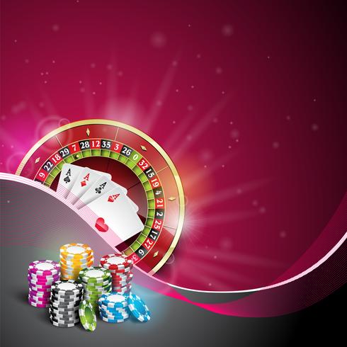 Vector Illustration auf einem Kasinothema mit der Farbe, die Chips und Pokerkarten spielt