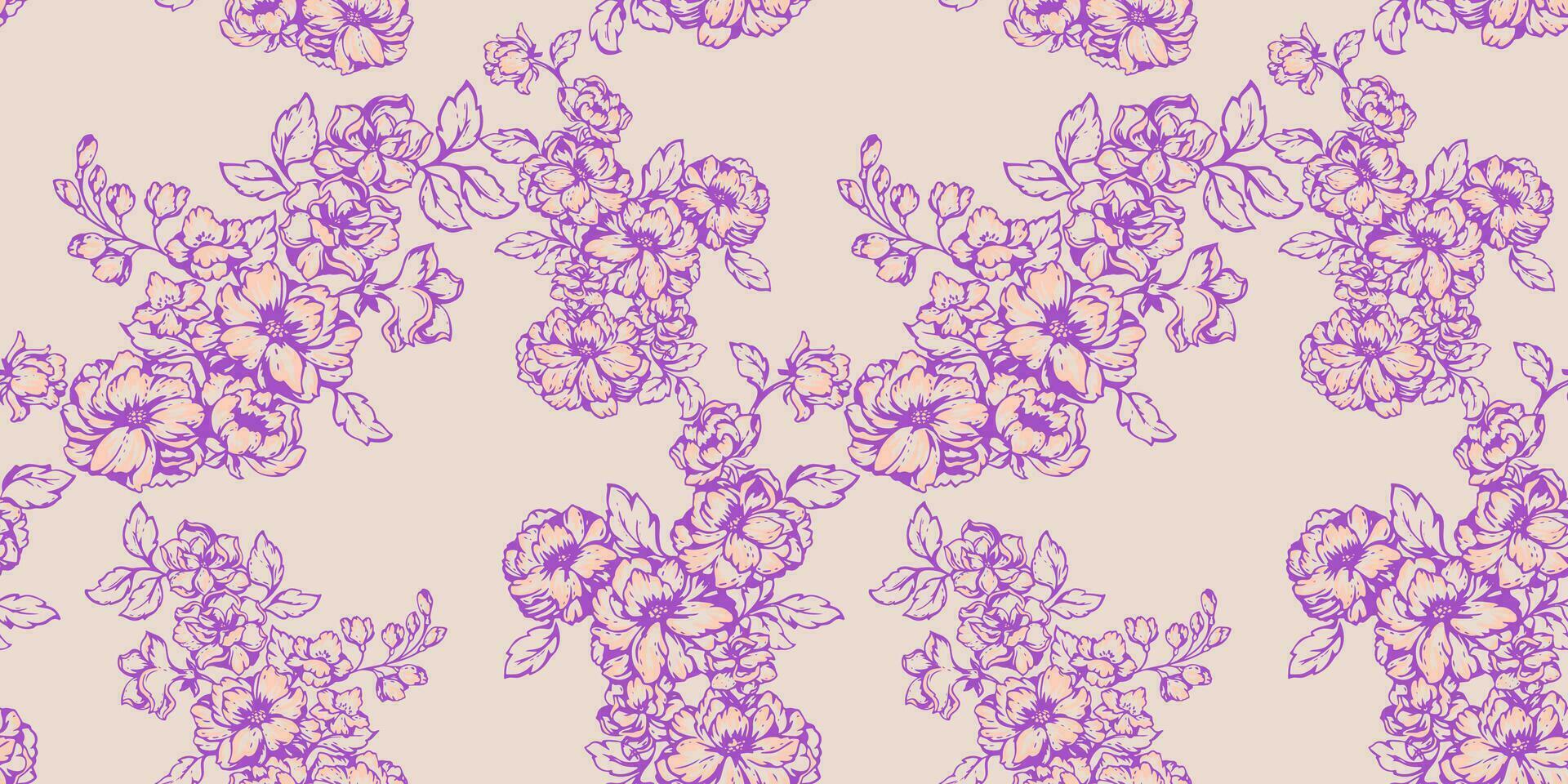 sömlös kreativ blomning blommig grenar mönster på en ljus bakgrund. vektor hand dragen skiss rader, form blommor stam. mall för textil, mode, skriva ut, yta design, tyg