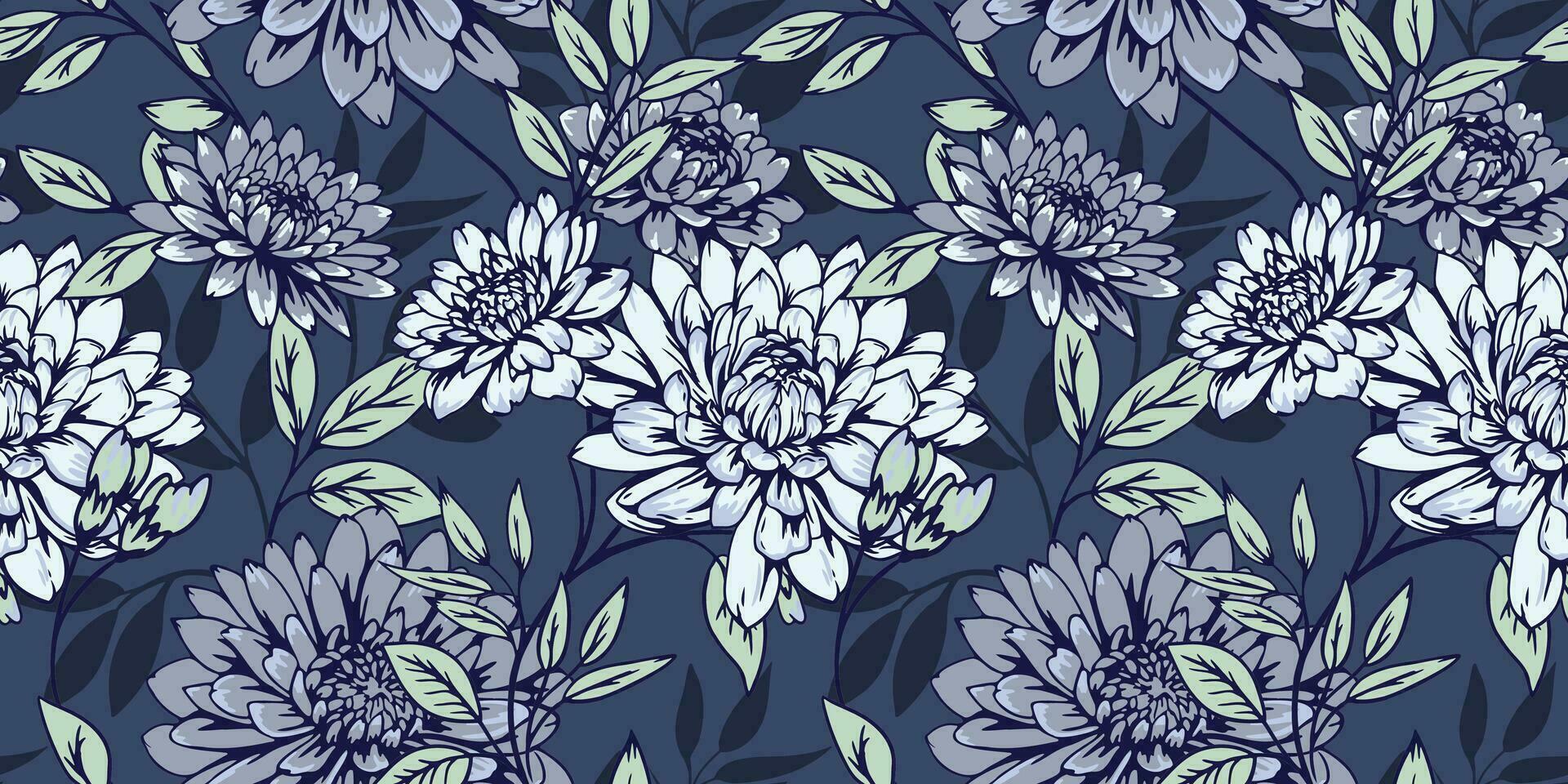 kreativ konstnärlig blomning blommor grenar och löv sömlös mönster. vektor hand ritade. abstrakt stiliserade mörk blå blommig skriva ut. design för textil, mode, yta design, tyg