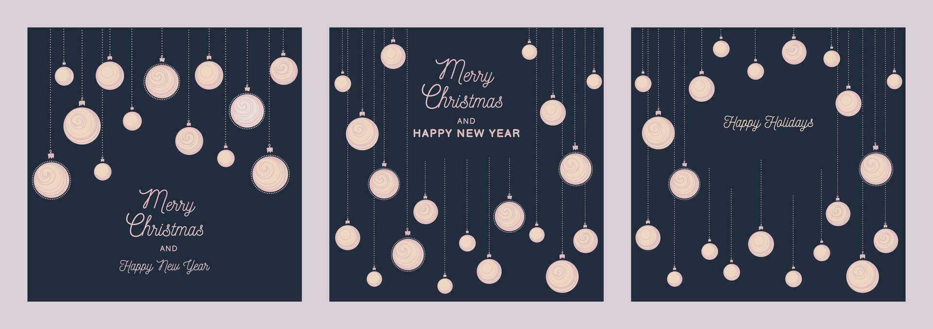 uppsättning av högtider, jul, ny år kort med vektor hand dragen xmas bollar. mall av utskrift, affisch, företags- inbjudan, hälsning kort