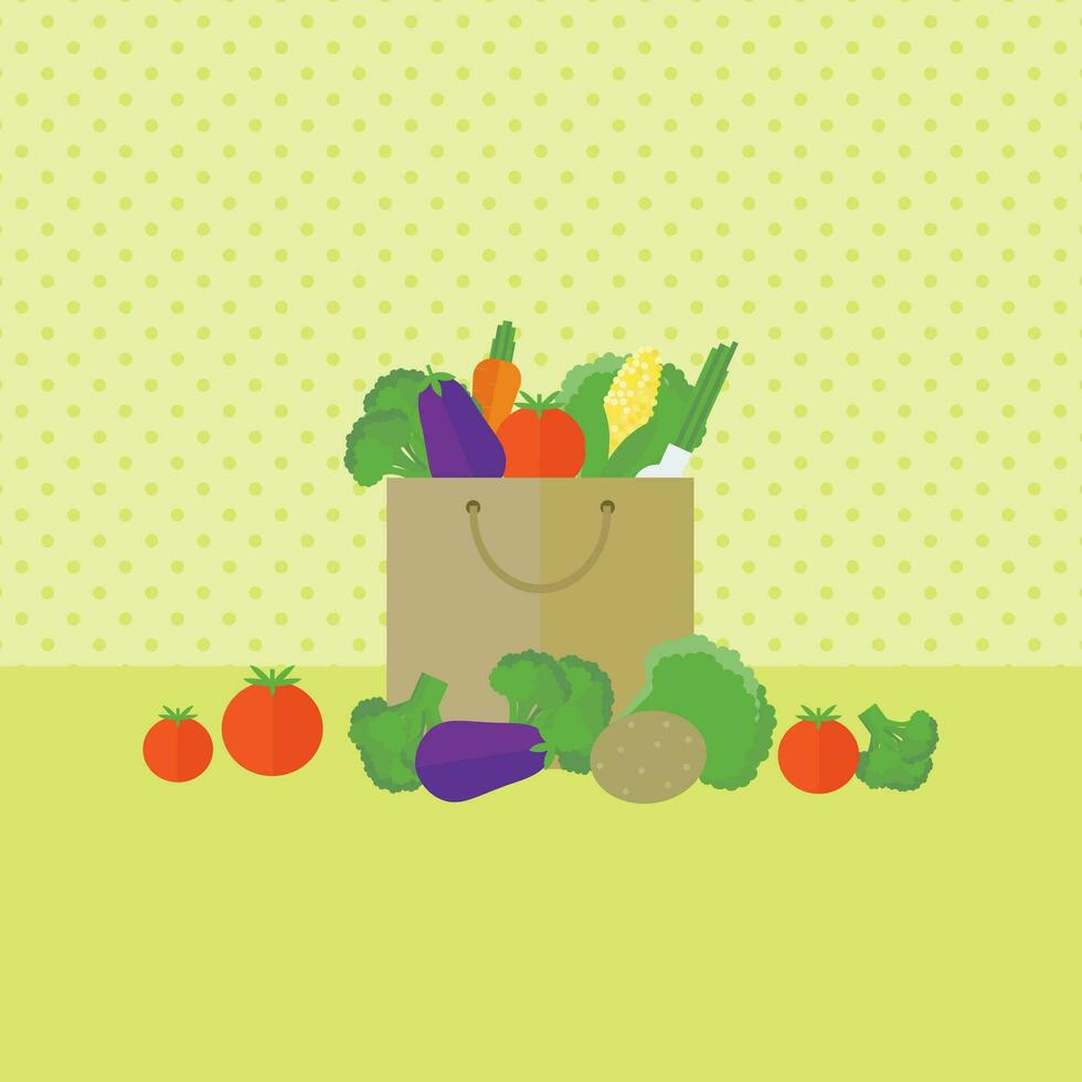 en papper väska med grönsaker på de kök tabell, en ljus platt illustration vektor