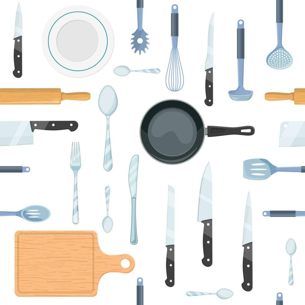kök verktyg sömlös mönster med köksutrustning Utrustning. kokkärl för matlagning och kök redskap. vektor illustration i platt stil.