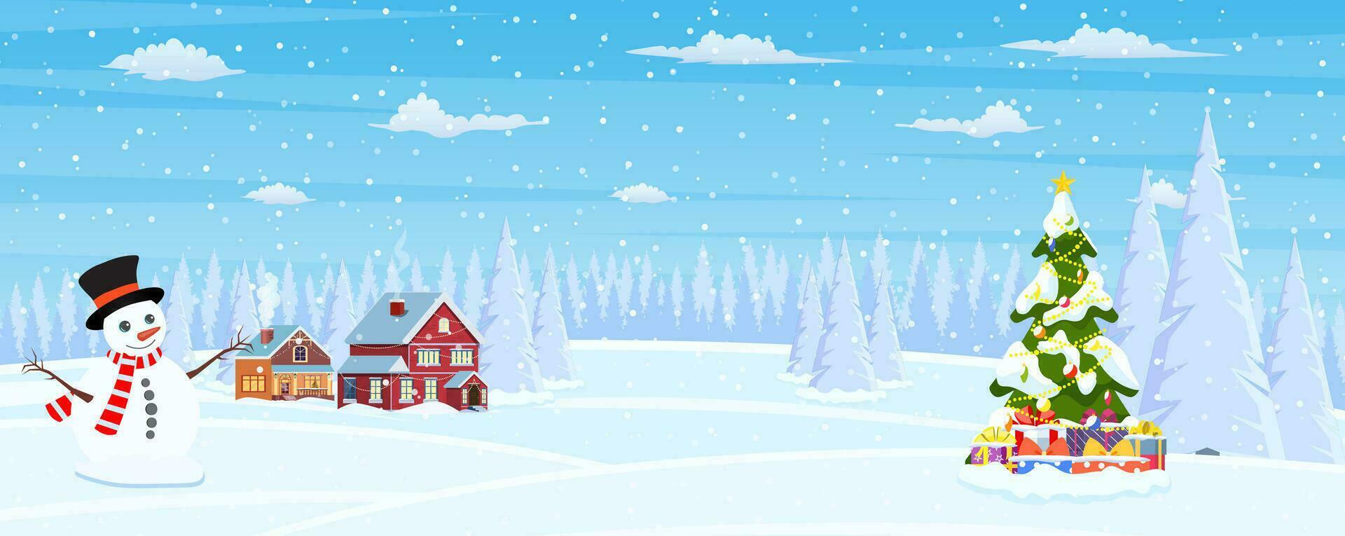 jul landskap bakgrund med snö och träd. glad jul Semester. ny år och xmas firande. vektor illustration i platt stil