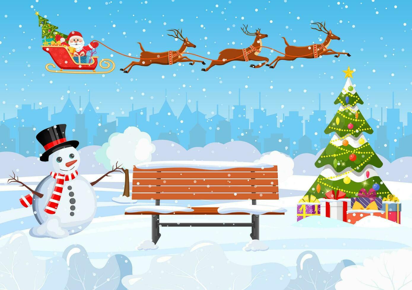 schneebedeckt Winter Stadt Park mit Weihnachten Bäume, Bank, Schneemann und Stadt Horizont. Winter Weihnachten Landschaft zum Banner, Poster, Netz. Santa claus Reiten auf Schlitten. Vektor Illustration im eben Stil