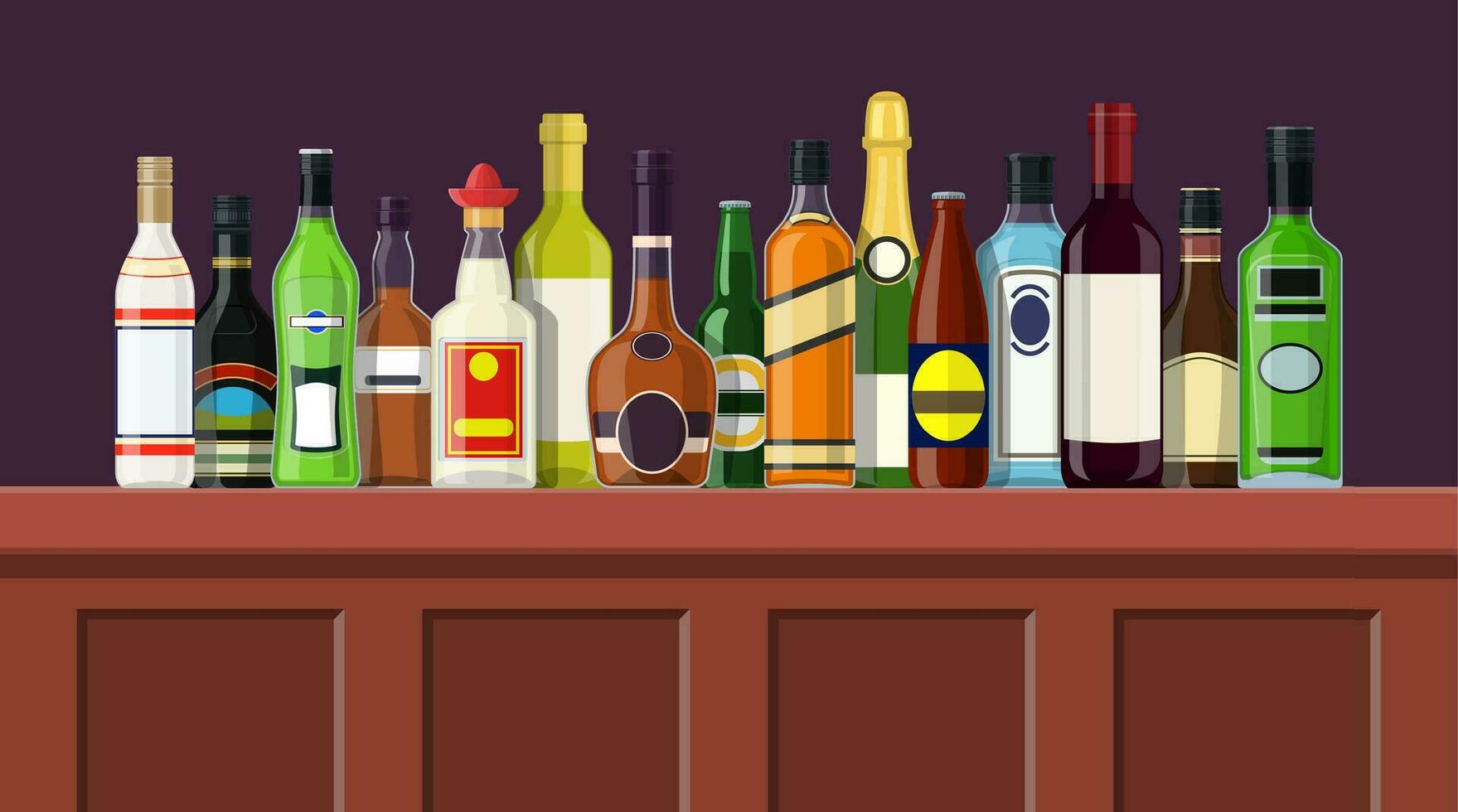 Bar Zähler mit Alkohol trinken. Flasche Sammlung. Vektor Illustration im eben Stil