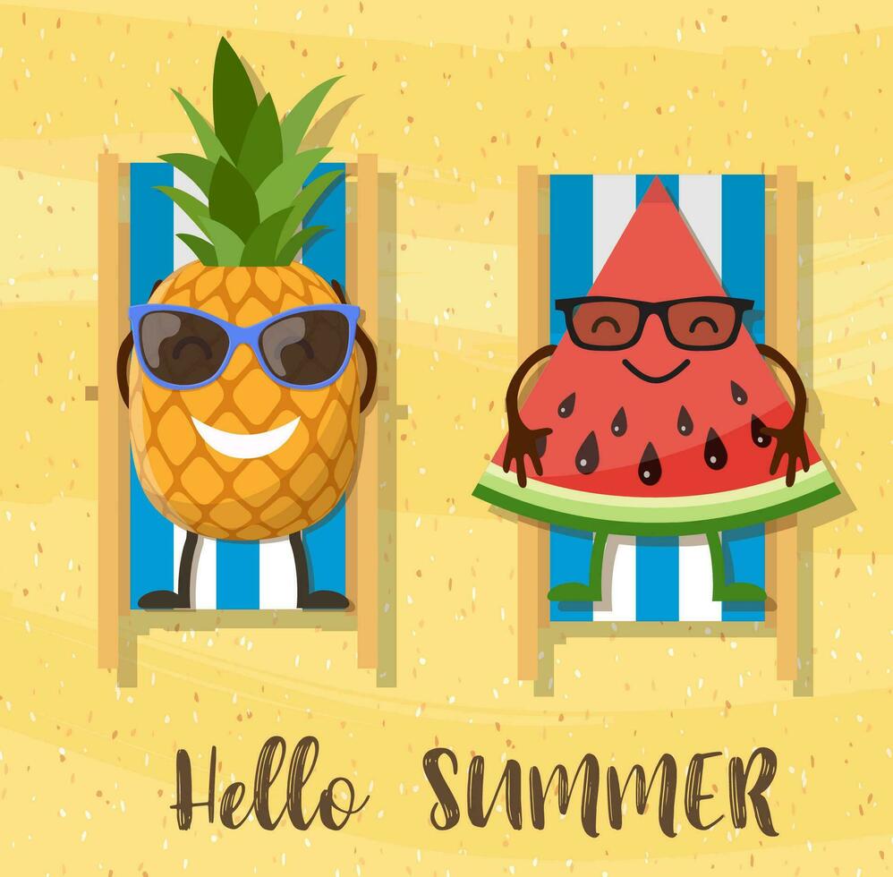 Wassermelonen und Ananas Karikatur Charakter auf Strand. Urlaub Hintergrund mit Wassermelone und Inschrift Hallo Sommer. Vektor Illustration im eben Stil